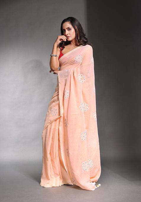 Peach Floral Embroidered Soft Pure Cotton Saree Set