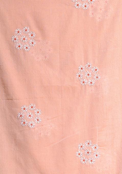 Peach Floral Embroidered Soft Pure Cotton Saree Set