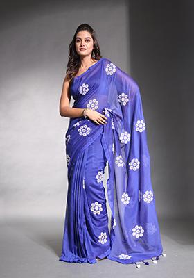 Blue Floral Embroidered Soft Pure Cotton Saree Set