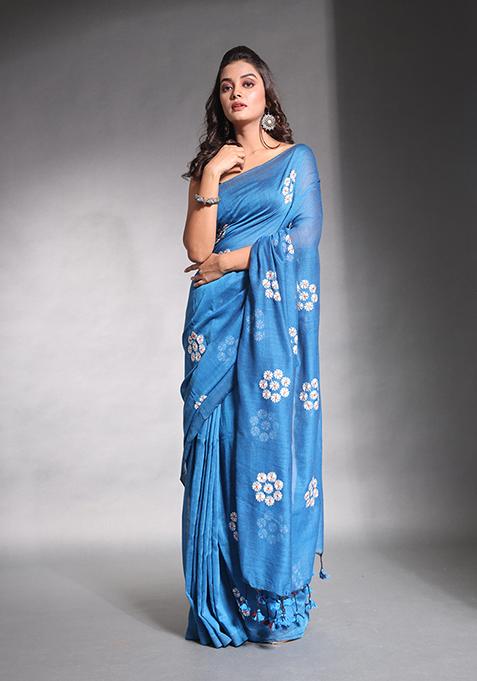 Teal Blue Floral Embroidered Soft Pure Cotton Saree Set