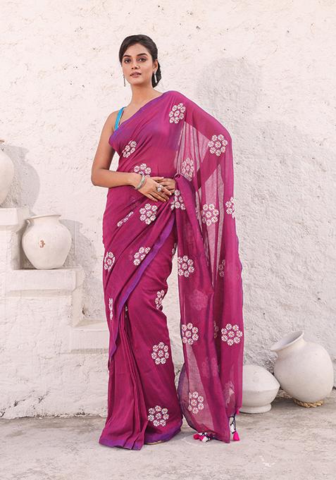 Magenta Floral Embroidered Soft Pure Cotton Saree Set