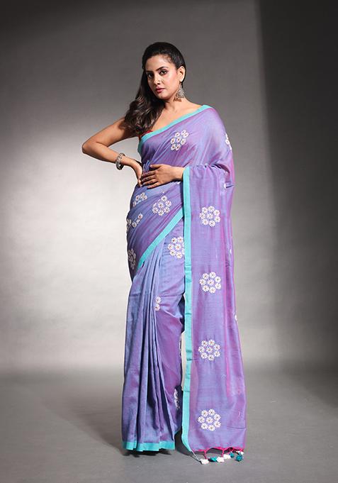 Blue Floral Embroidered Pure Cotton Saree Set