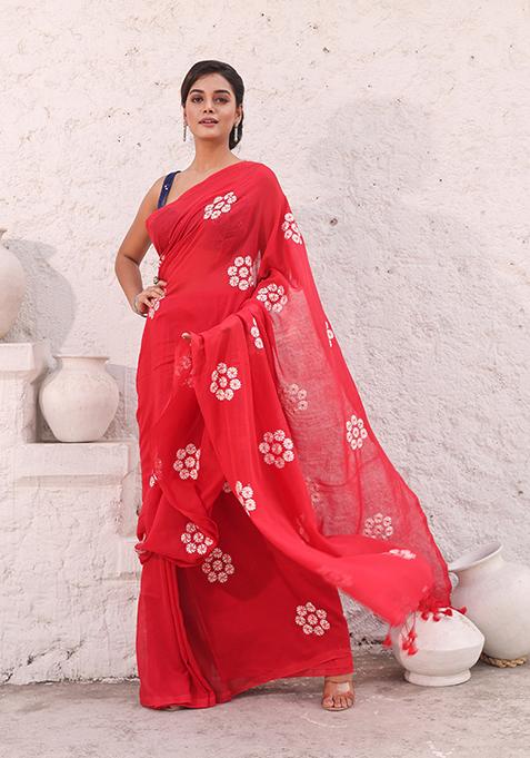 Rose Red Floral Embroidered Soft Pure Cotton Saree Set