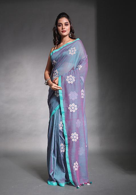 Grey Floral Embroidered Soft Pure Cotton Saree Set