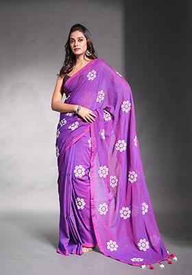 Purple Floral Embroidered Soft Pure Cotton Saree Set