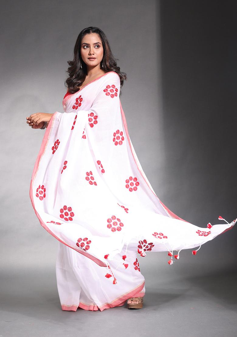 White Floral Embroidered Soft Pure Cotton Saree Set