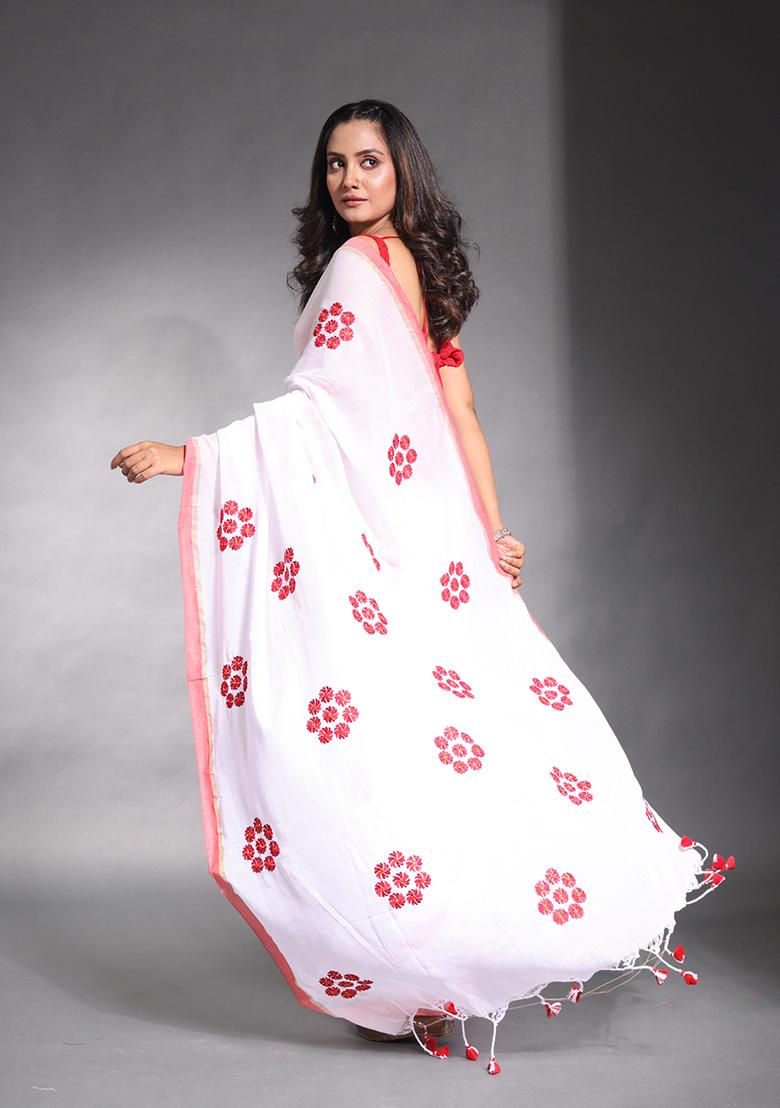 White Floral Embroidered Soft Pure Cotton Saree Set