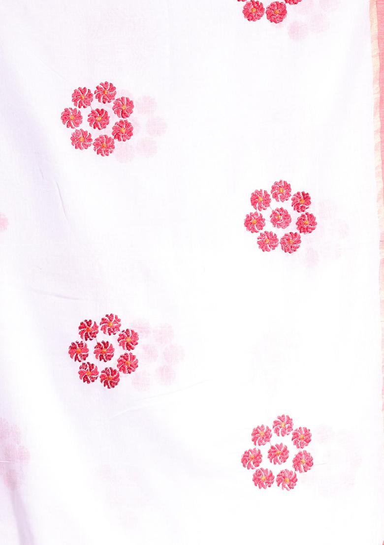 White Floral Embroidered Soft Pure Cotton Saree Set