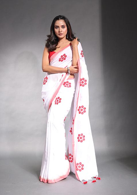 White Floral Embroidered Soft Pure Cotton Saree Set