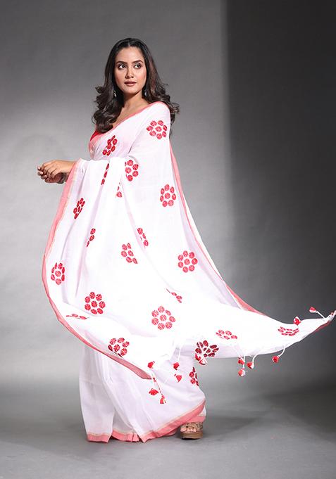 White Floral Embroidered Soft Pure Cotton Saree Set