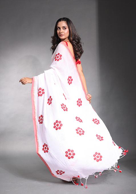 White Floral Embroidered Soft Pure Cotton Saree Set