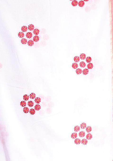 White Floral Embroidered Soft Pure Cotton Saree Set