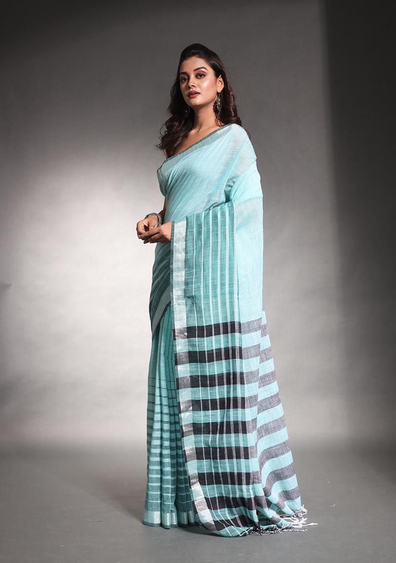 Sea Green Striped Pure Cotton Soft Saree Set