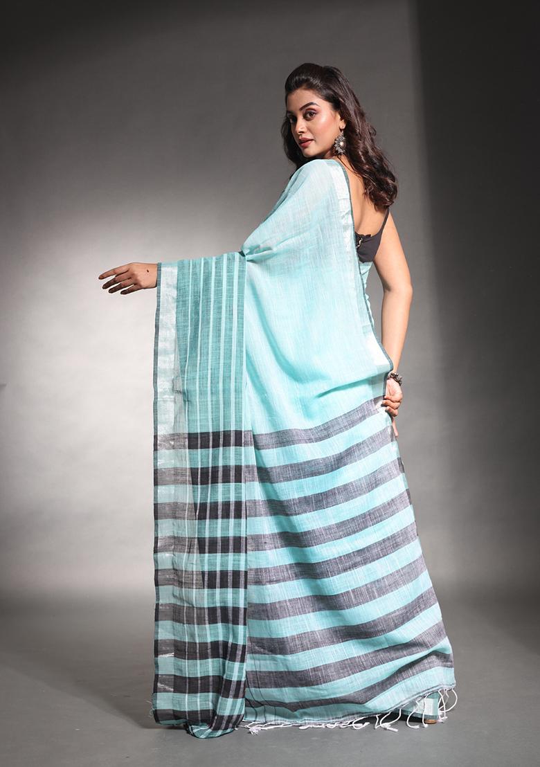 Sea Green Striped Pure Cotton Soft Saree Set