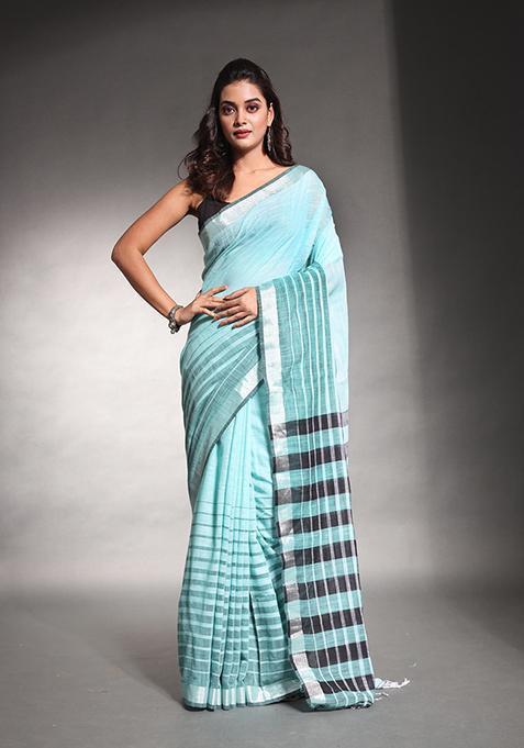 Sea Green Striped Pure Cotton Soft Saree Set