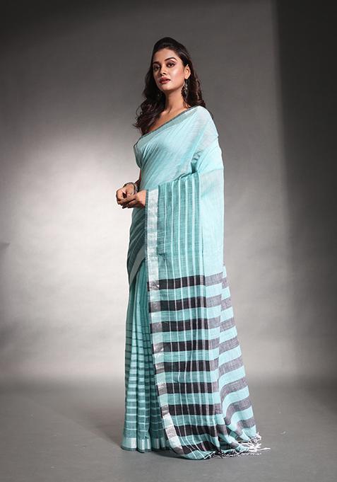 Sea Green Striped Pure Cotton Soft Saree Set