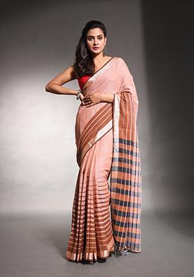 Brown Striped Pure Cotton Soft Saree Set