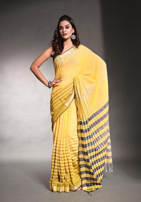 Yellow Striped Pure Cotton Soft Saree Set