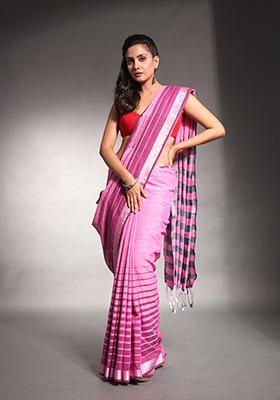 Pink Striped Pure Cotton Soft Saree Set