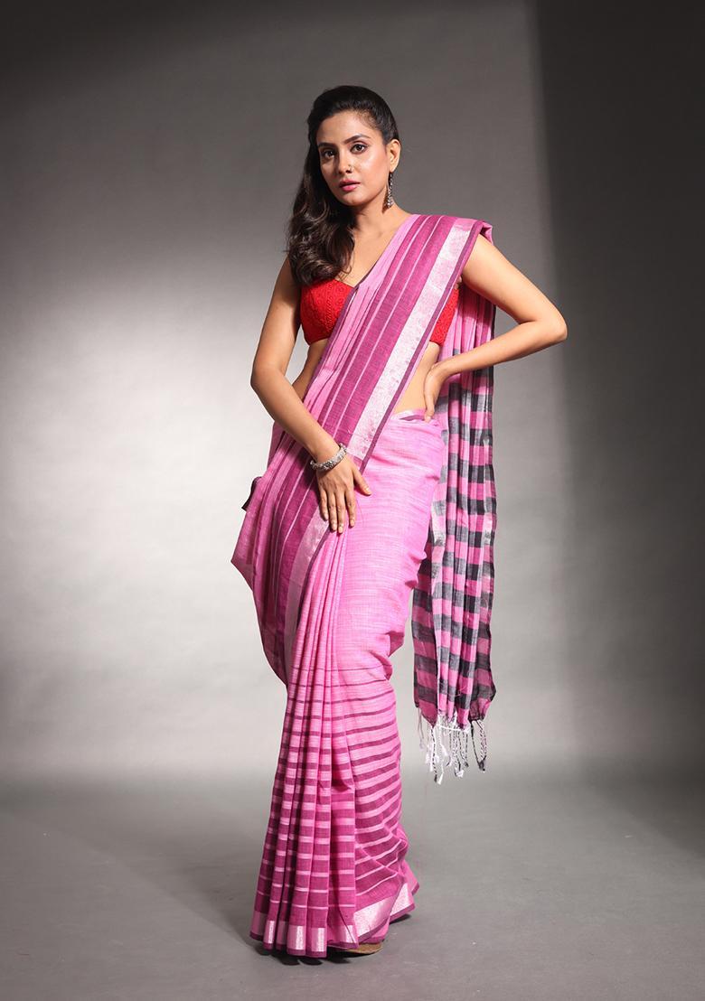 Pink Striped Pure Cotton Soft Saree Set
