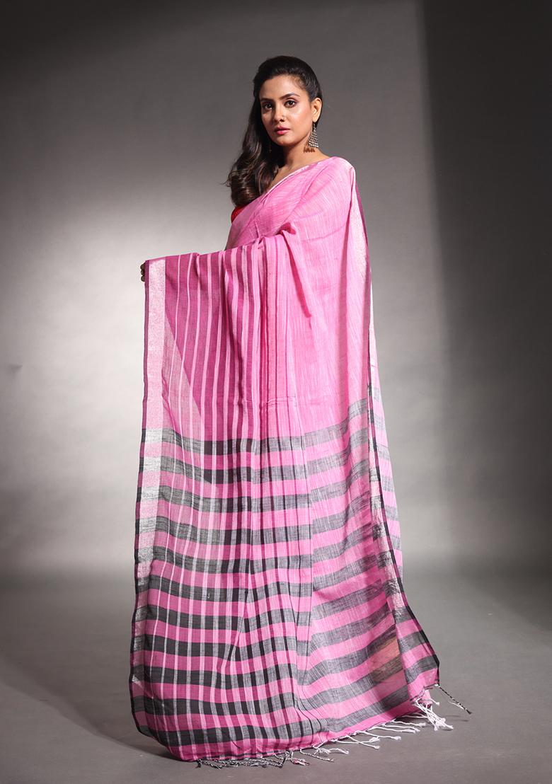 Pink Striped Pure Cotton Soft Saree Set