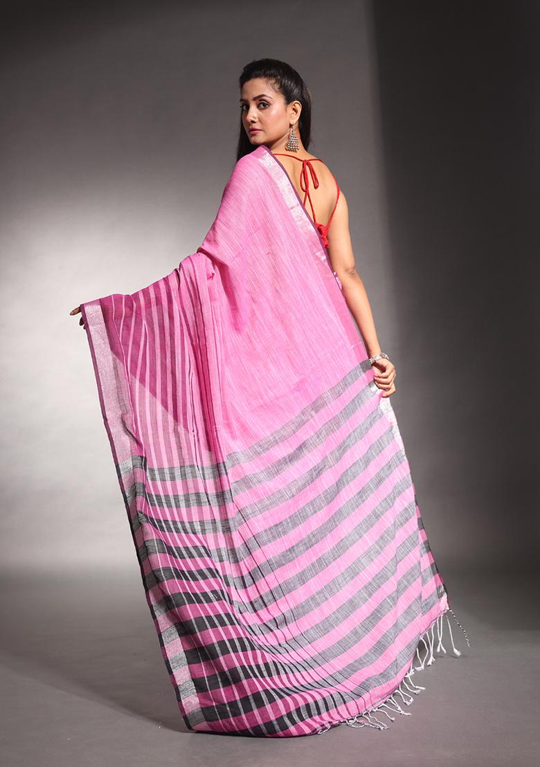 Pink Striped Pure Cotton Soft Saree Set