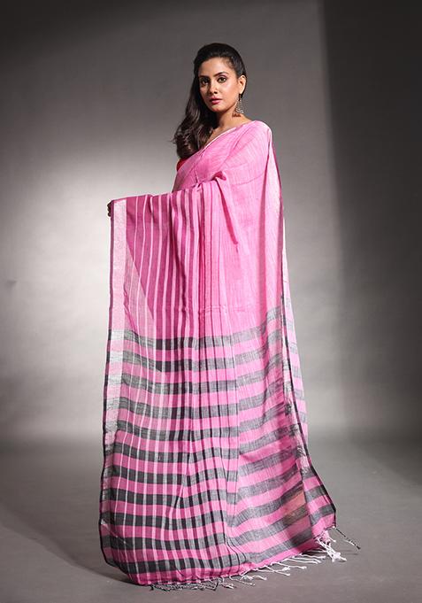 Pink Striped Pure Cotton Soft Saree Set