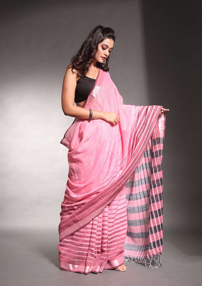 Baby Pink Striped Pure Cotton Soft Saree Set for Diwali and Festive Wear - Indya