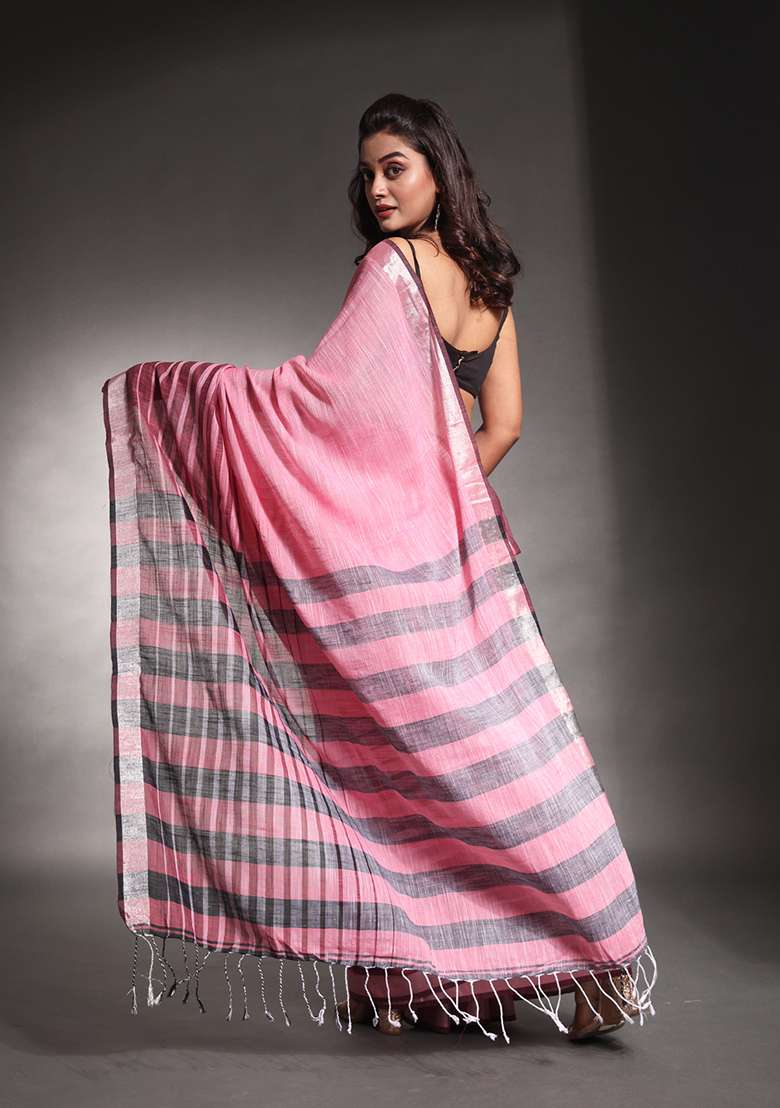 Baby Pink Striped Pure Cotton Soft Saree Set for Diwali and Festive Wear - Indya