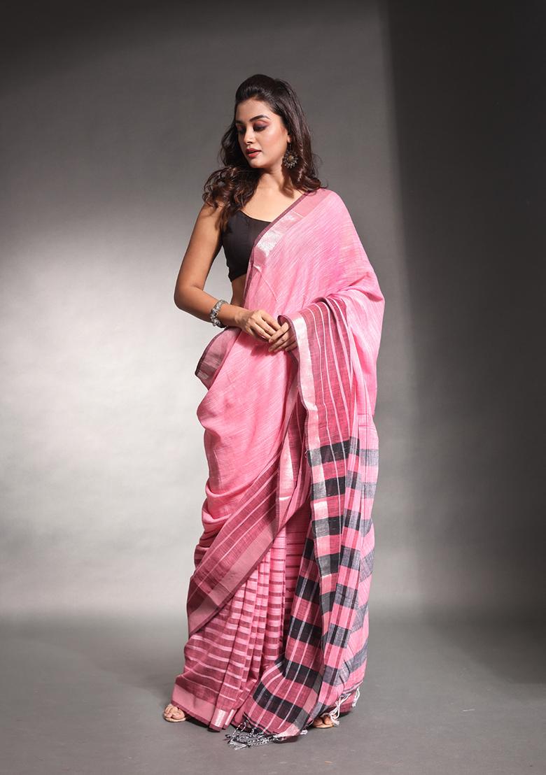 Baby Pink Striped Pure Cotton Soft Saree Set - Indya