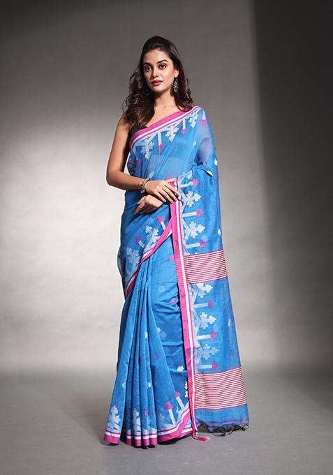 Sapphire Blue Textured Cotton Silk Saree Set