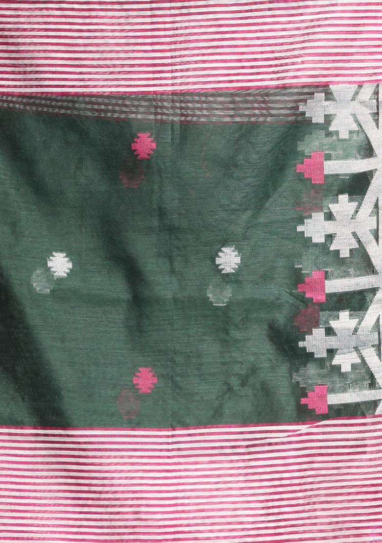 Green Textured Cotton Silk Saree Set - Indya