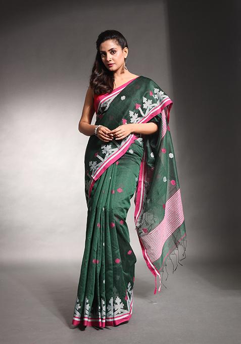 Green Textured Cotton Silk Saree Set