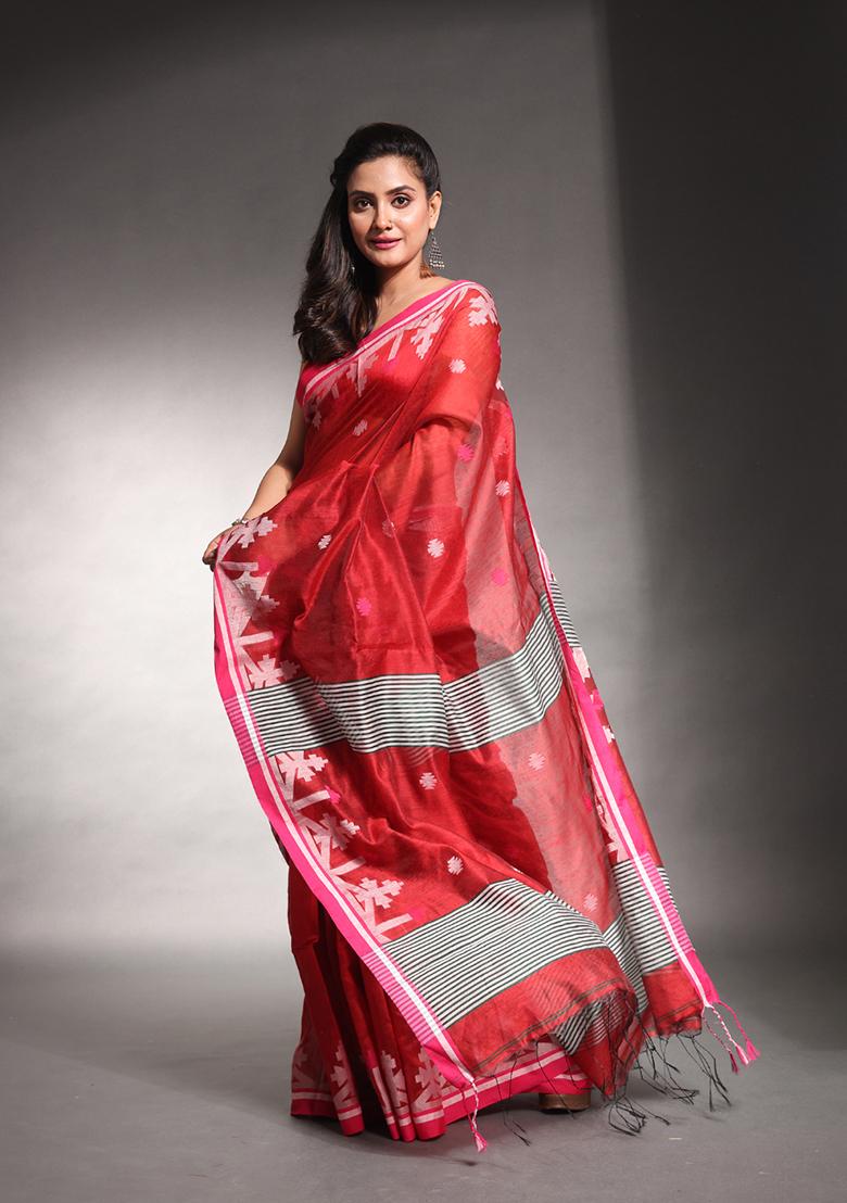 Red Textured Cotton Silk Saree Set