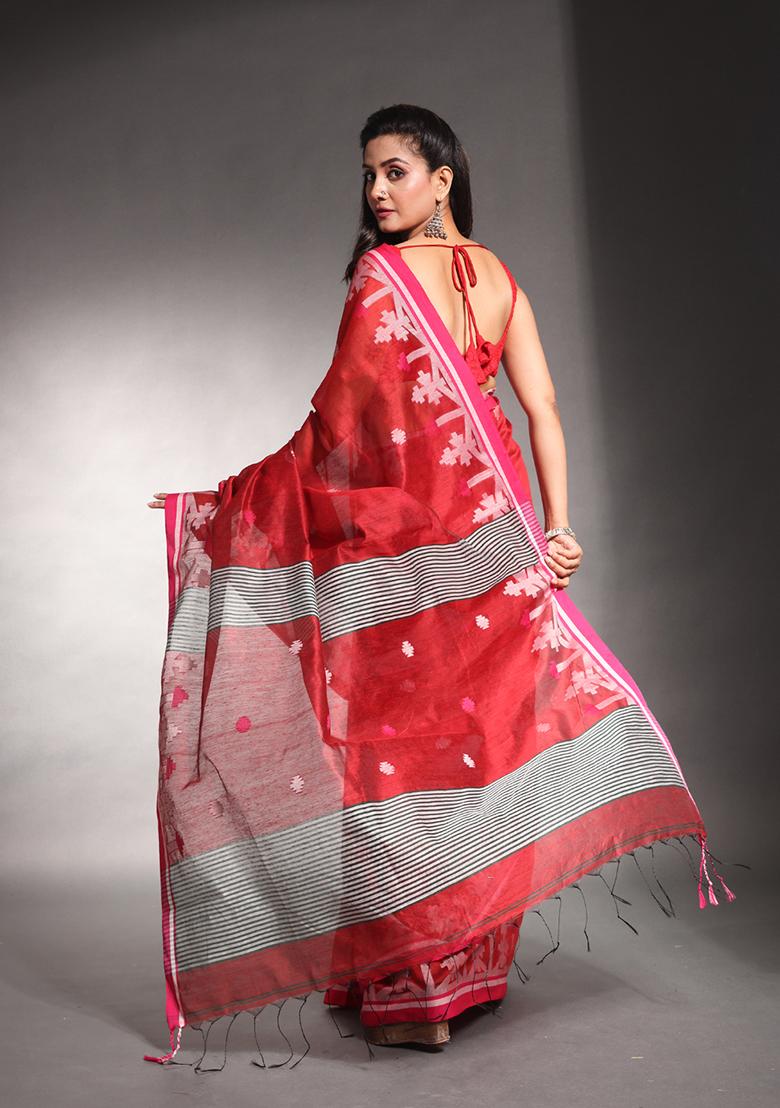 Red Textured Cotton Silk Saree Set