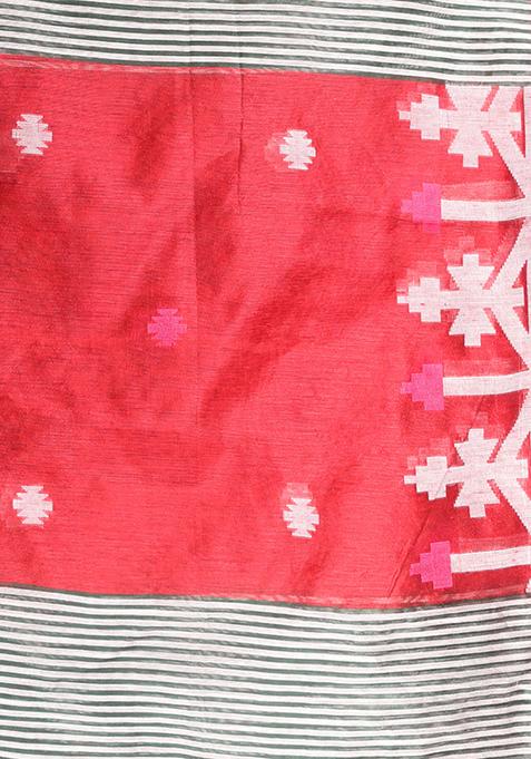 Red Textured Cotton Silk Saree Set