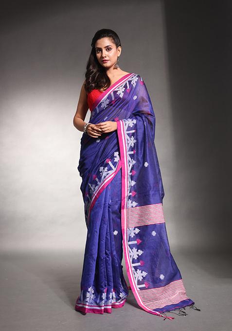 Navy Blue Textured Cotton Silk Saree Set