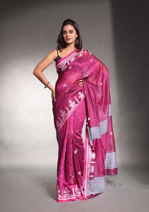 Purple Textured Cotton Silk Saree Set