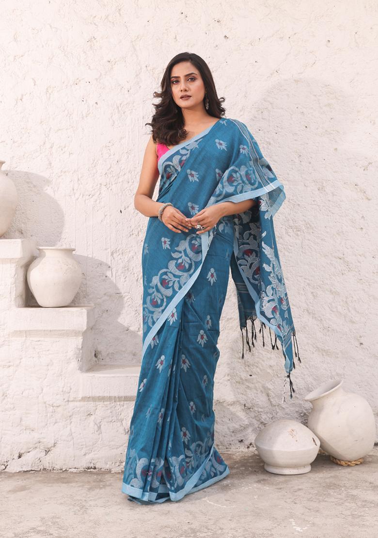 Teal Nakshi Soft Pure Cotton Saree Set
