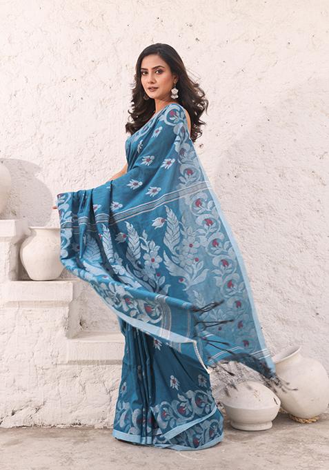 Teal Nakshi Soft Pure Cotton Saree Set