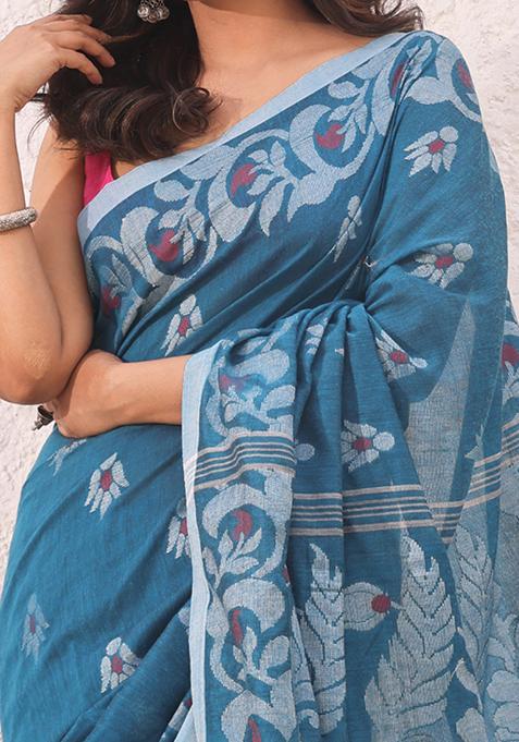 Teal Nakshi Soft Pure Cotton Saree Set