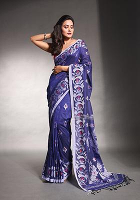 Navy Blue Nakshi Soft Pure Cotton Saree Set