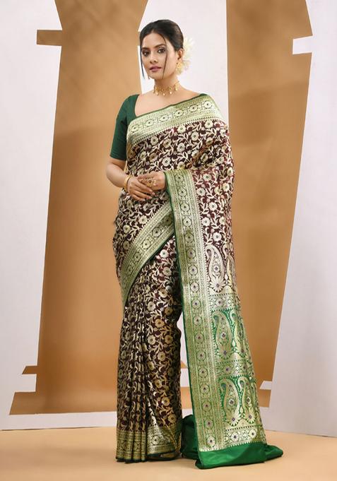 Dark Chocolate Zari Woven Banarasi Silk Saree Set