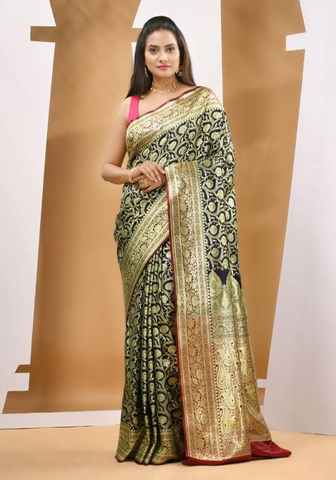 Black Zari Woven Banarasi Silk Saree Set