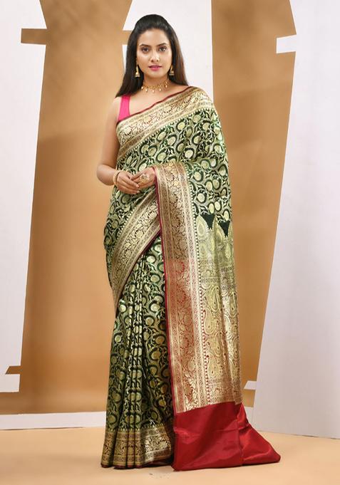 Dark Green Zari Woven Banarasi Silk Saree Set