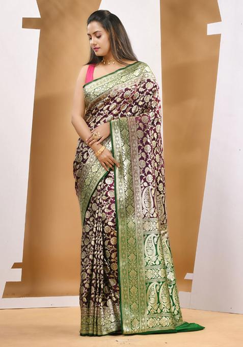 Purple Zari Woven Banarasi Silk Saree Set