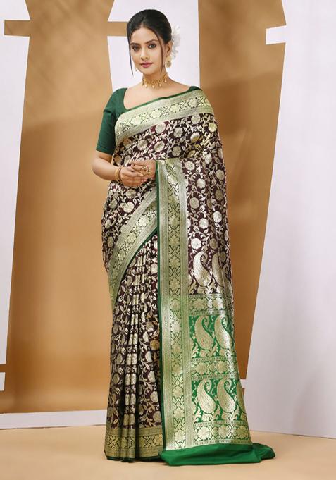 Dark Chocolate Zari Woven Banarasi Silk Saree Set