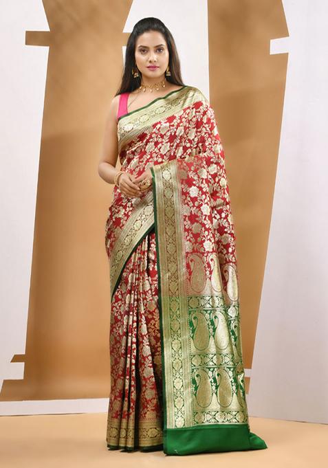 Red Ethnic Print Zari Woven Banarasi Silk Saree Set