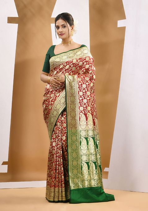 Red Ethnic Print Banarasi Silk Saree Set