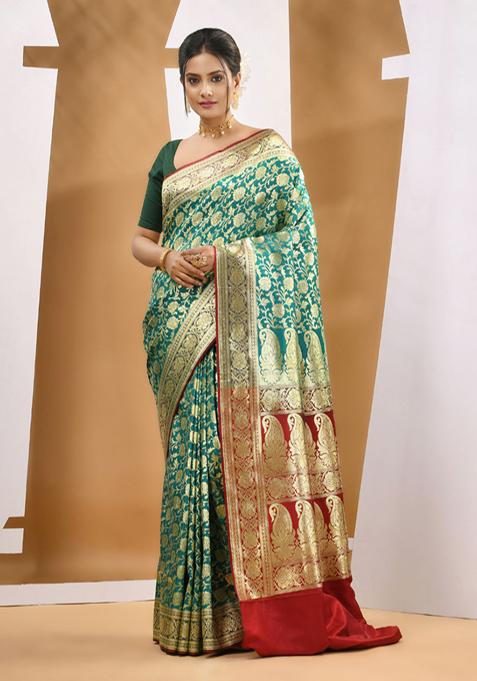 Teal Ethnic Print Zari Woven Banarasi Silk Saree Set